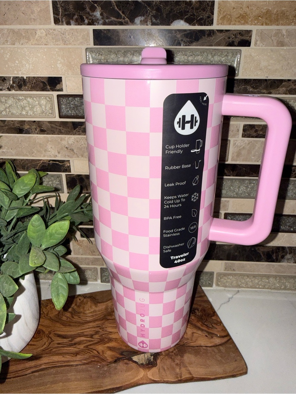Hydrojug pink checkered 40 oz traveler